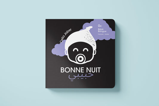 Children's book titled 'Bonne Nuit' with a baby illustration on a light blue background