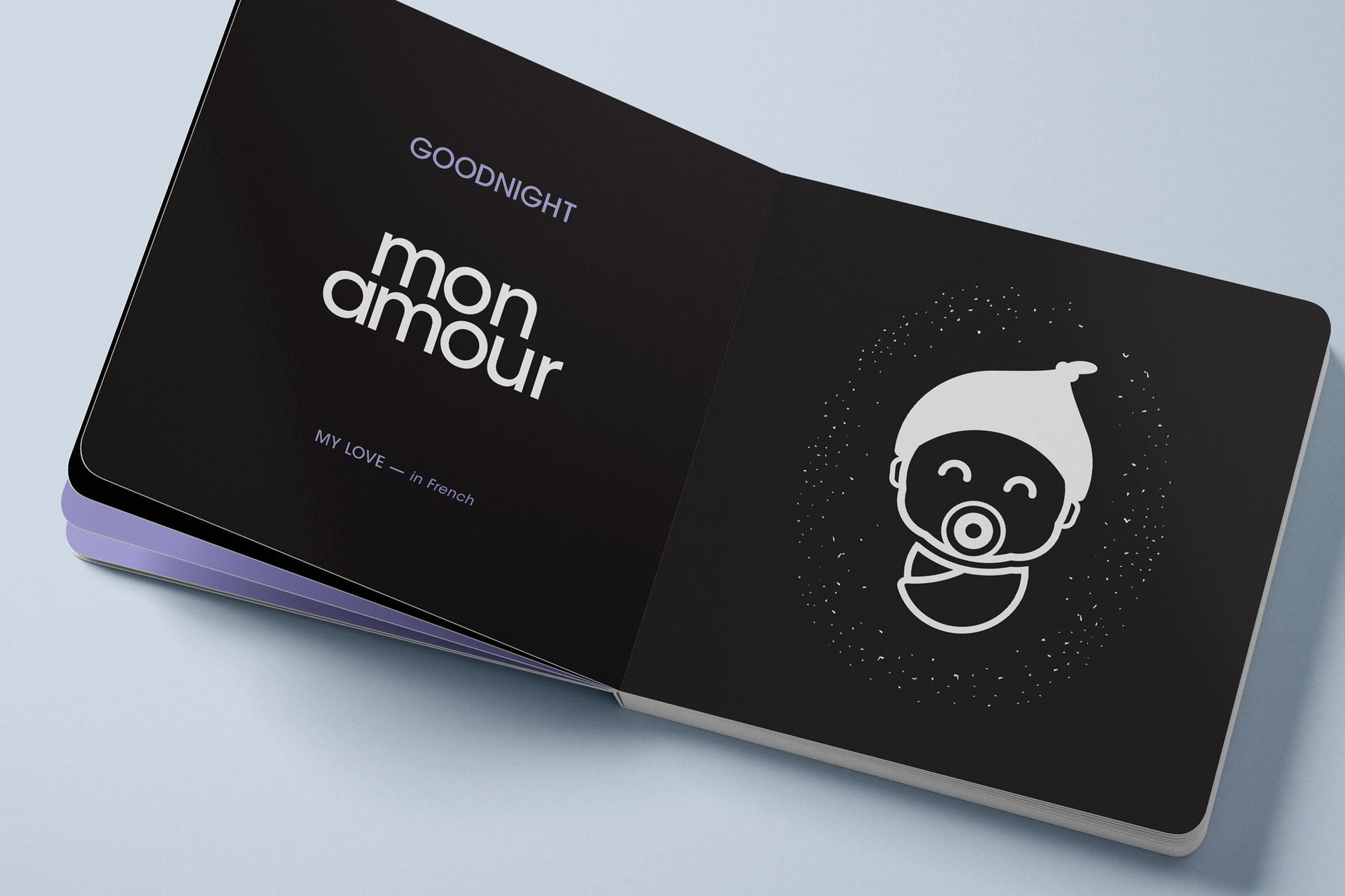 Last Page reads 'Goodnight mon amour' and a baby illustration.