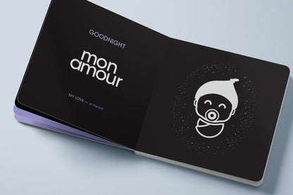 Last Page reads 'Goodnight mon amour' and a baby illustration.