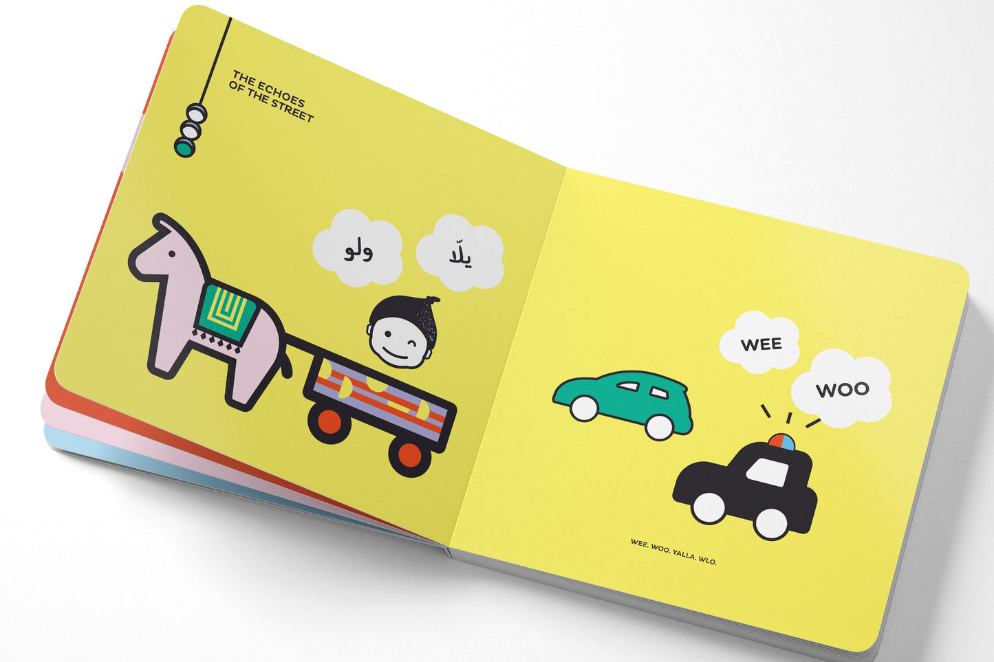 Open book with colorful illustrations on a white background